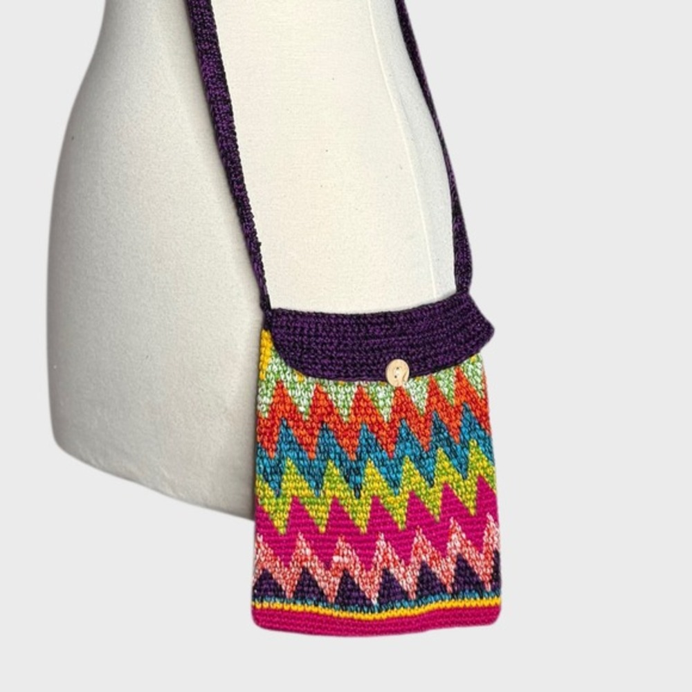 Handmade Rainbow Chevron Cotton Crochet Crossbody Bag Small‎ Festival Purse Boho